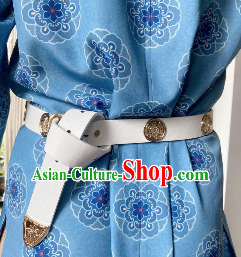 Chinese Classical Ancient Hanfu White Leather Belt Tang Dynasty Swordsman Waistband Accessories