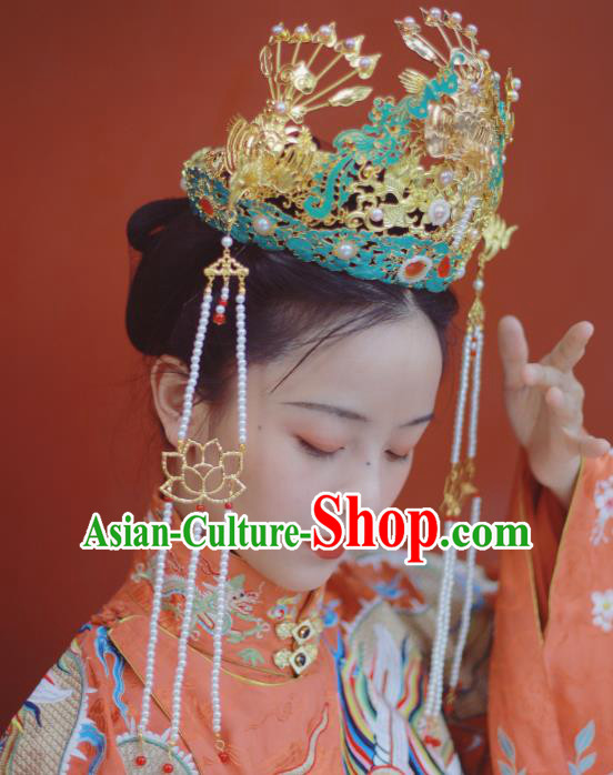 Chinese Ancient Bride Wedding Hairpins Hair Accessories Handmade Ming Dynasty Blueing Phoenix Coronet Full Set