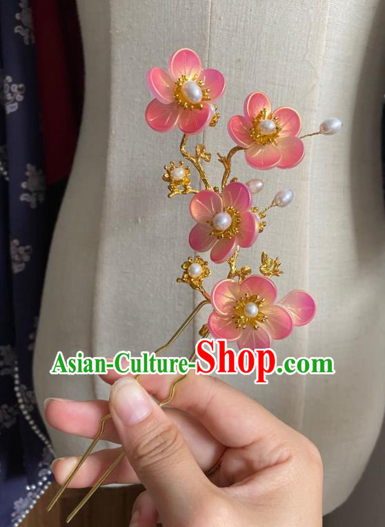 Chinese Ancient Princess Golden Hairpin Hanfu Hair Accessories Women Handmade Pink Plum Flowers Hair Comb