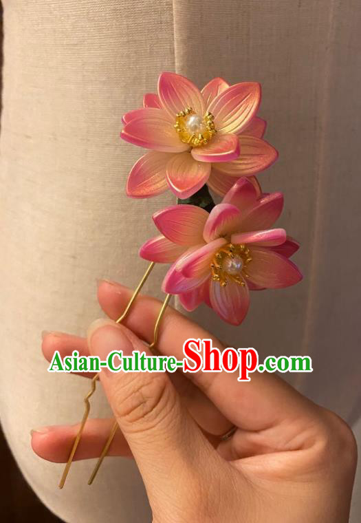 Chinese Ancient Princess Golden Hairpin Hanfu Hair Accessories Women Handmade Pink Lotus Hair Clip