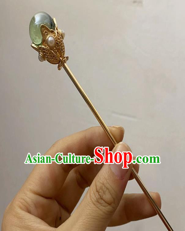 Chinese Ancient Empress Green Bead Hairpins Hair Accessories Handmade Ming Dynasty Court Golden Hair Stick