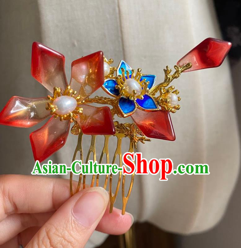 Chinese Ancient Princess Red Lotus Hairpin Hanfu Hair Accessories Women Handmade Golden Hair Comb