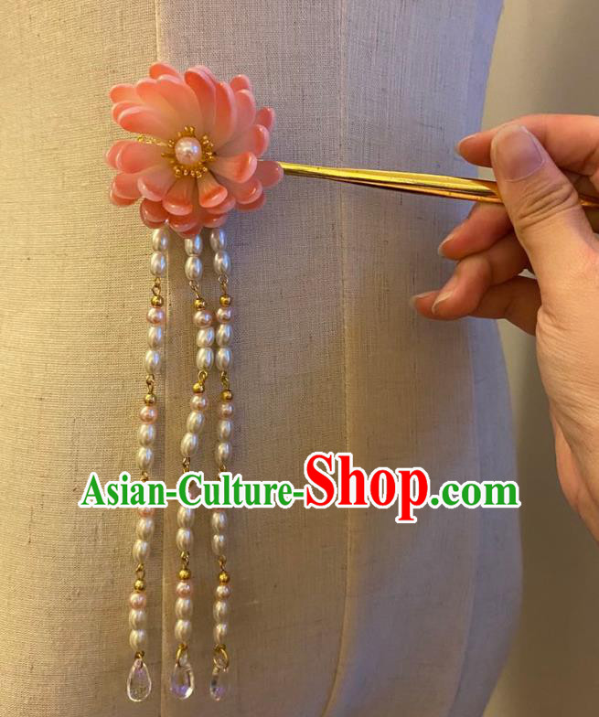 Chinese Ancient Princess Pearls Tassel Hairpin Hanfu Hair Accessories Women Handmade Pink Peony Hair Clip