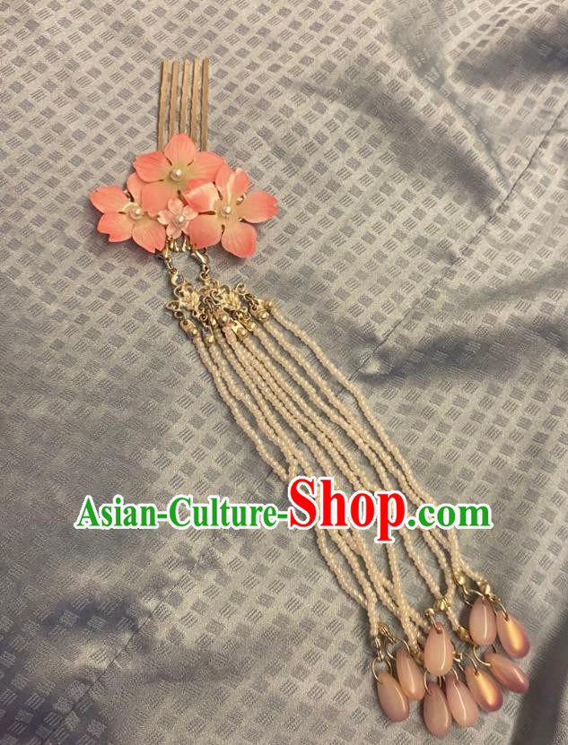 Chinese Ancient Princess Pink Sakura Hairpins Hair Accessories Women Handmade Hanfu Beads Tassel Hair Comb