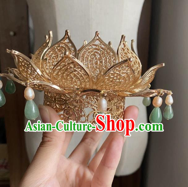 Chinese Ancient Princess Chrysoprase Hairpins Hair Accessories Women Handmade Hanfu Tang Dynasty Golden Lotus Hair Crown