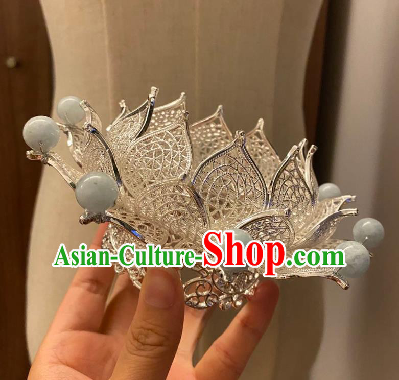 Chinese Ancient Princess Blue Stone Hairpins Hair Accessories Women Handmade Hanfu Tang Dynasty Argent Lotus Hair Crown