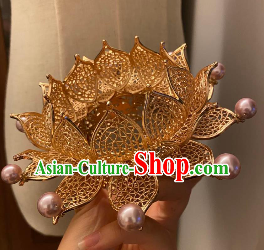 Chinese Ancient Princess Golden Lotus Hairpins Hair Accessories Women Handmade Hanfu Tang Dynasty Pink Beads Hair Crown