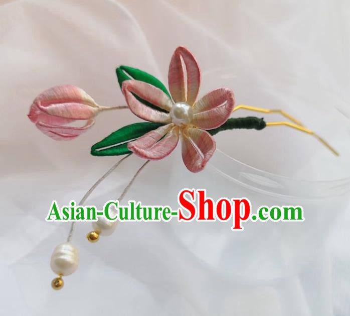 Chinese Ancient Princess Pearls Hairpins Hair Accessories Handmade Hanfu Pink Silk Peach Blossom Hair Clip