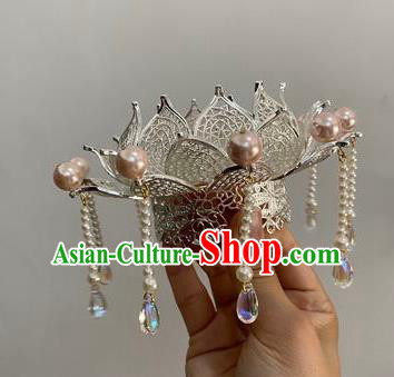 Chinese Ancient Princess Beads Tassel Argent Hairpins Hair Accessories Women Handmade Hanfu Tang Dynasty Lotus Hair Crown