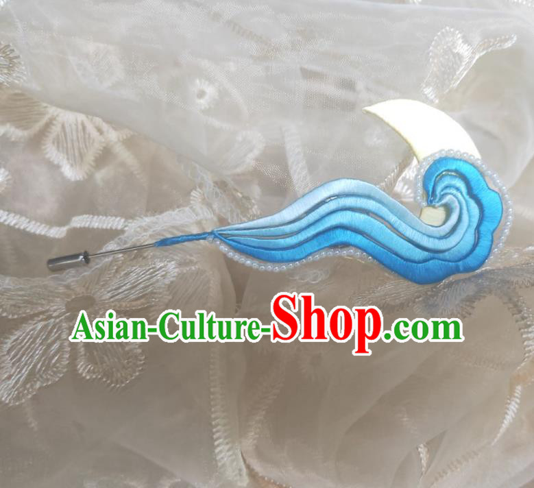 Chinese Ancient Princess Beads Hairpins Hair Accessories Handmade Hanfu Blue Silk Cloud Hair Stick