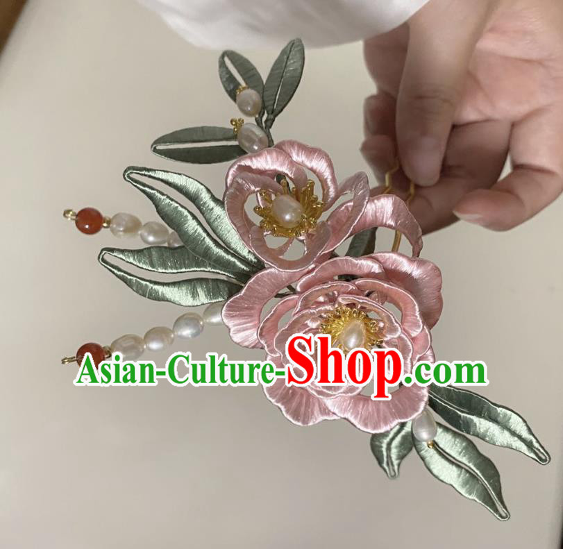 Chinese Ancient Princess Pearls Hairpins Hair Accessories Handmade Hanfu Pink Silk Rose Hair Comb