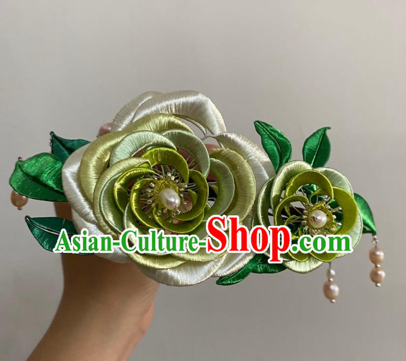 Chinese Ancient Princess Pearls Tassel Hairpins Hair Accessories Handmade Hanfu Green Silk Peony Hair Stick