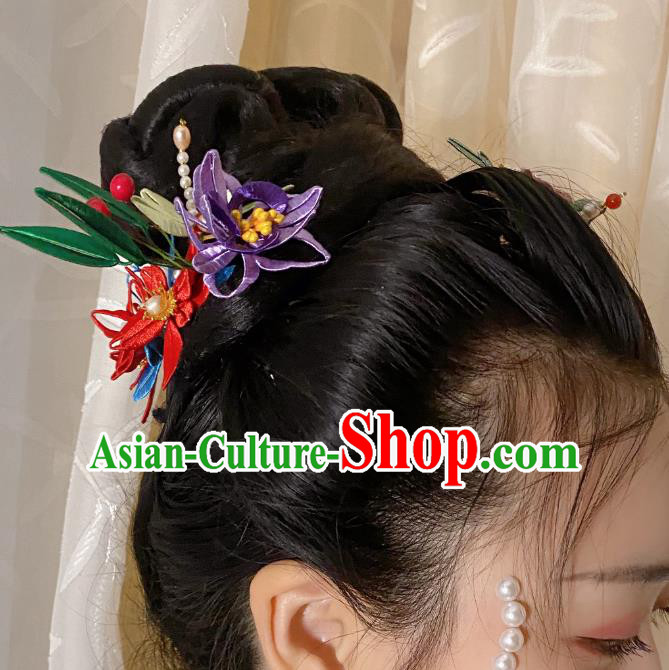 Chinese Ancient Princess Pearls Dragonfly Hairpins Hair Accessories Handmade Hanfu Silk Flower Hair Stick