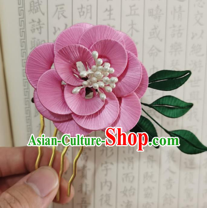 Chinese Ancient Princess Deep Pink Camellia Hairpins Hair Accessories Handmade Hanfu Silk Flower Hair Stick