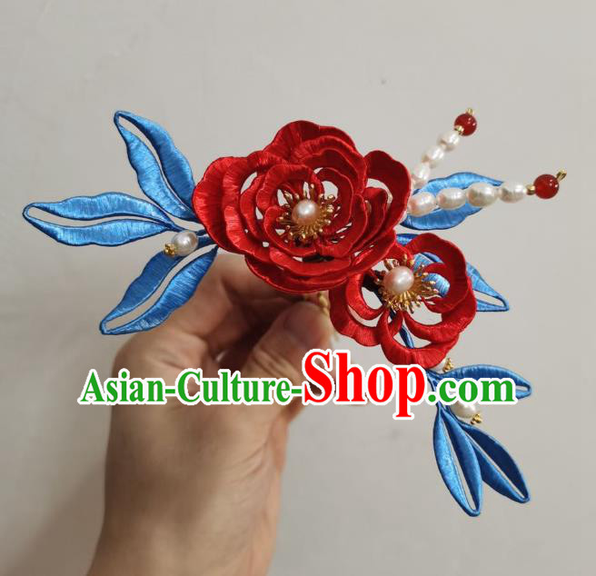 Chinese Ancient Princess Red Camellia Hairpins Hair Accessories Handmade Hanfu Silk Flower Pearls Hair Stick