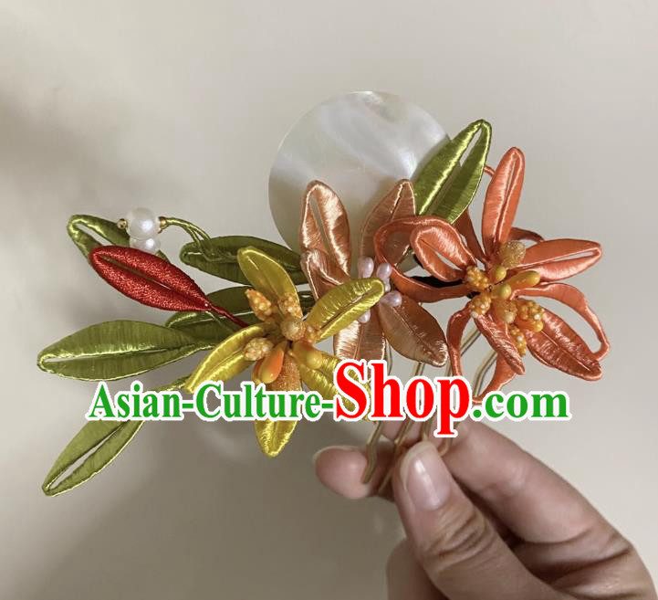 Chinese Ancient Princess Silk Flower Hairpins Hair Accessories Handmade Hanfu Shell Hair Comb