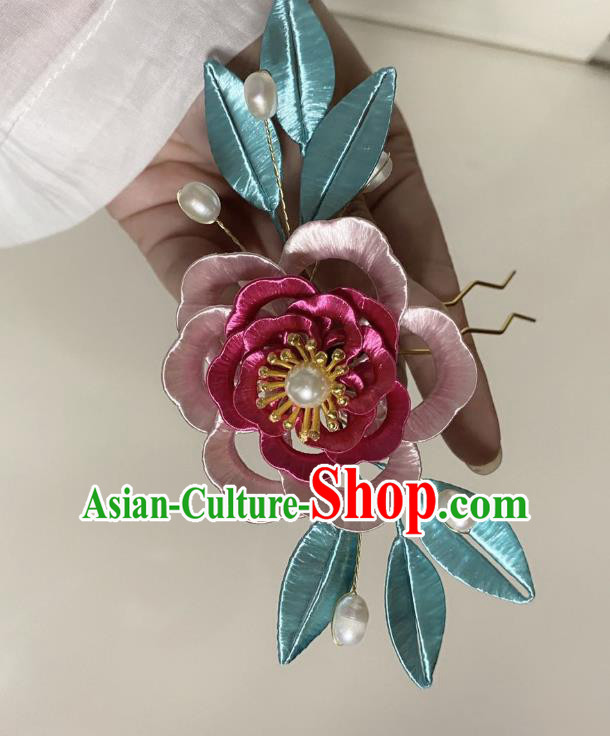 Chinese Ancient Princess Pink Silk Flowers Hairpins Hair Accessories Handmade Hanfu Rose Hair Clip