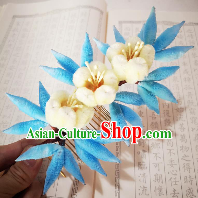 Chinese Ancient Princess Yellow Velvet Flowers Hairpins Hair Accessories Handmade Qing Dynasty Pear Blossom Hair Comb