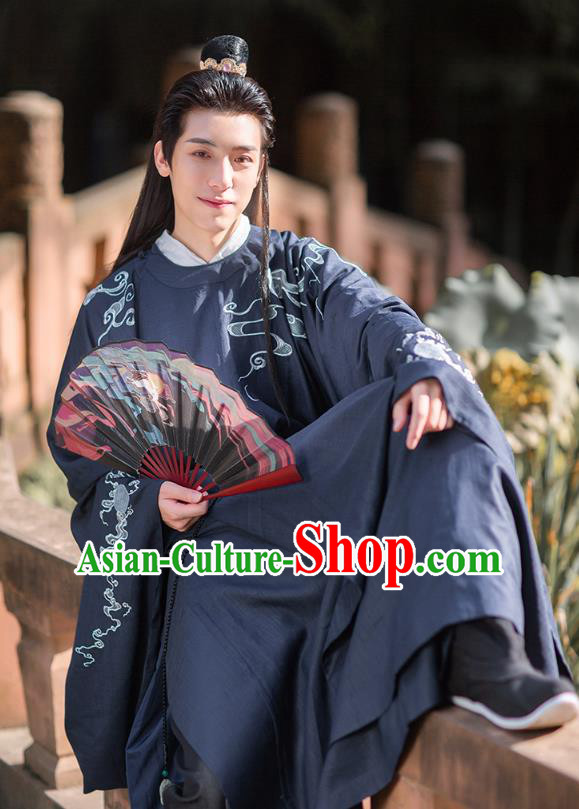 Chinese Ancient Scholar Hanfu Apparels Traditional Costumes Ming Dynasty Noble Prince Garment Embroidered Navy Blue Robe