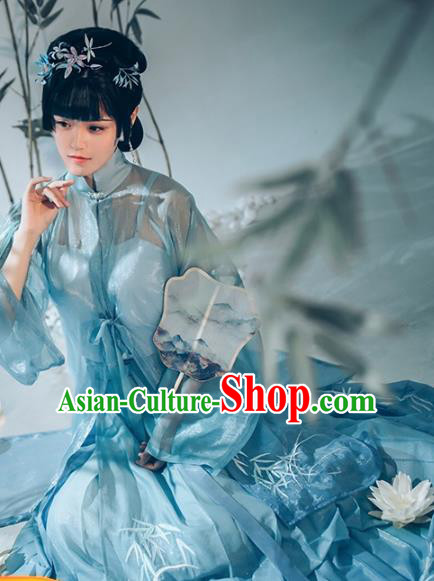 Chinese Ancient Patrician Female Hanfu Apparels Traditional Costumes Ming Dynasty Noble Lady Garment Blue Gown Top and Skirt Full Set