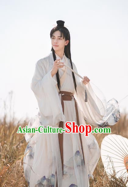 Chinese Ancient Swordsman Hanfu Apparels Traditional Costumes Jin Dynasty Prince Garment Cape Shirt and Skirt for Men