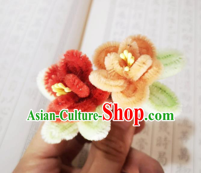 Chinese Ancient Princess Velvet Flowers Hairpins Hair Accessories Handmade Qing Dynasty Palace Lady Orange Plum Hair Stick