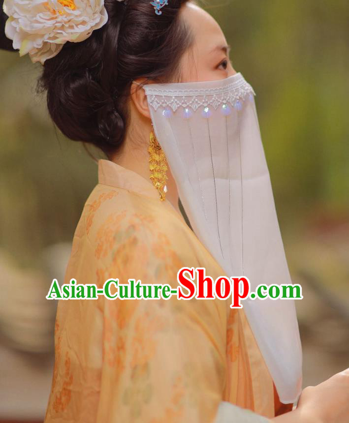 Chinese Classical Ancient Palace Lady Face Veil Hanfu Wigs Tang Dynasty Imperial Concubine White Chiffon Veil Mask Accessories