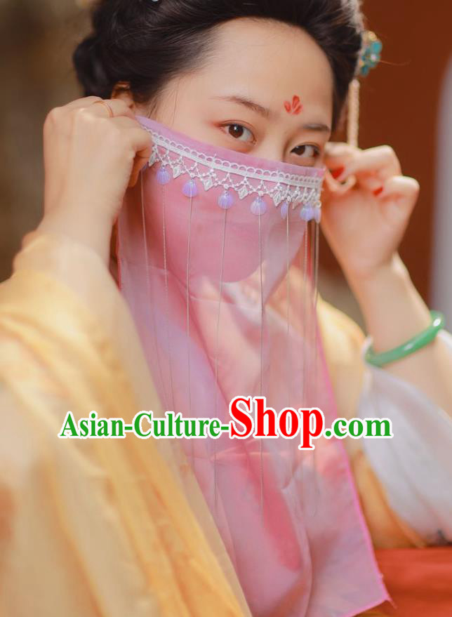 Chinese Classical Ancient Palace Lady Face Veil Hanfu Wigs Tang Dynasty Imperial Concubine Pink Chiffon Veil Mask Accessories