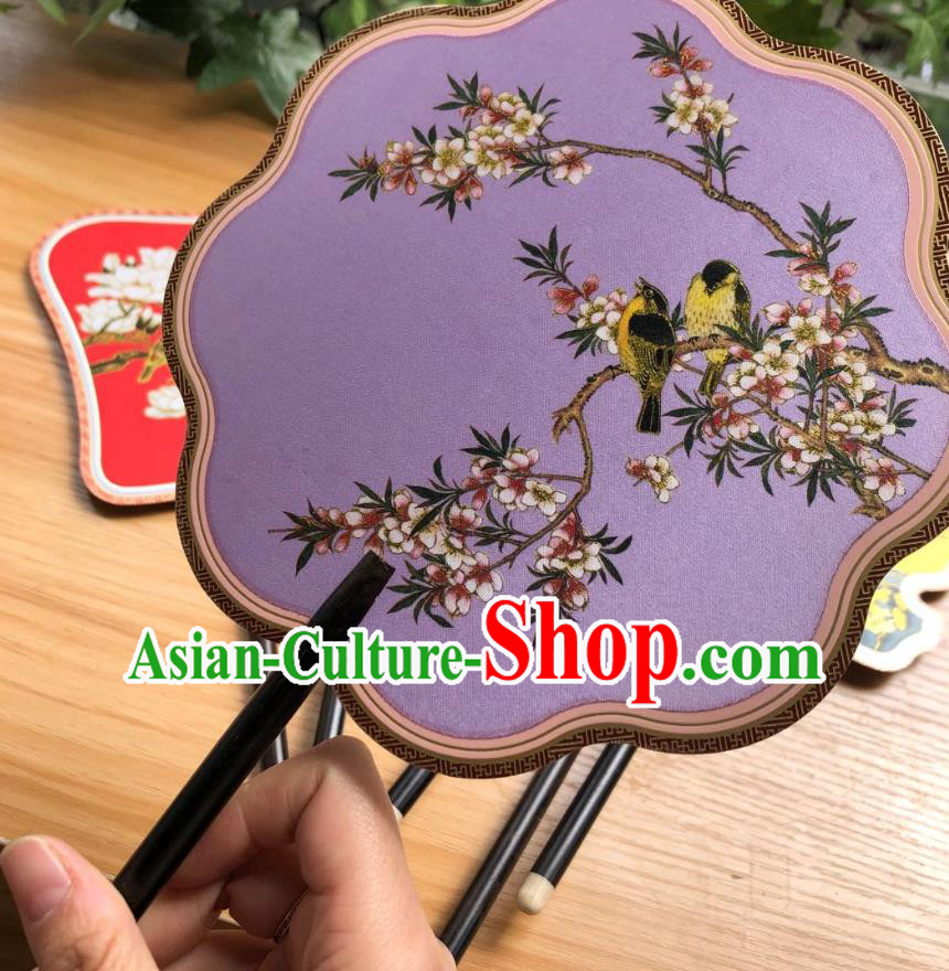 Chinese Classical Lilac Silk Palace Fan Ancient Palace Lady Fans Accessories Song Dynasty Princess Painting Plum Birds Ebony Fans