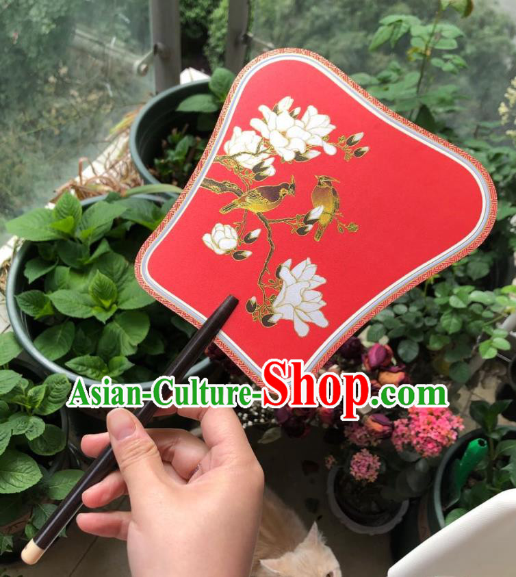 Chinese Classical Red Silk Palace Fan Ancient Palace Lady Fans Accessories Song Dynasty Princess Painting Magnolia Birds Fans