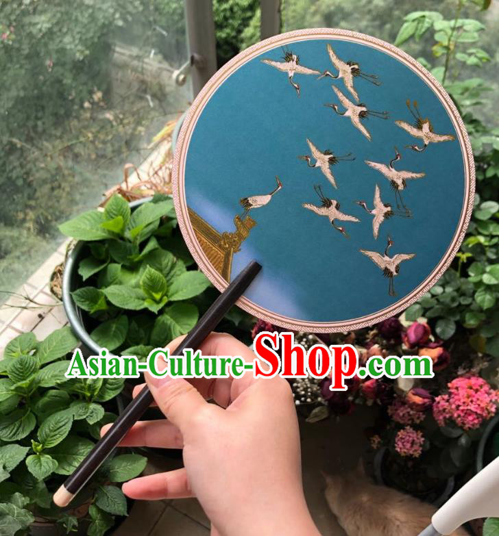 Chinese Classical Blue Silk Palace Fan Ancient Palace Lady Fans Accessories Song Dynasty Princess Painting Cranes Round Fans