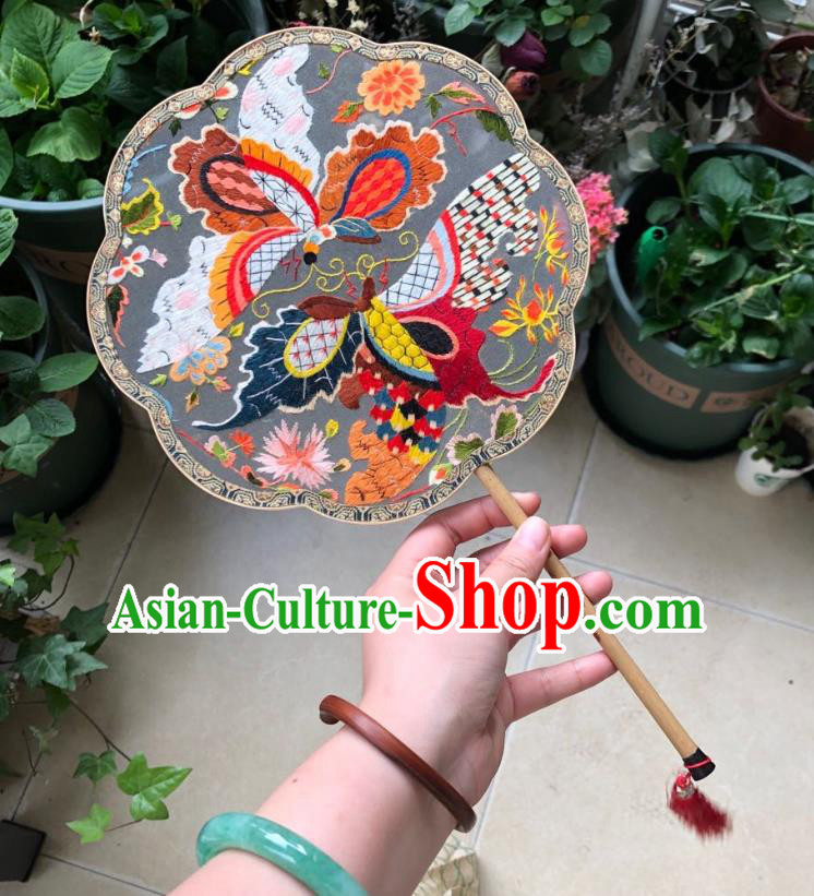 Chinese Classical Grey Silk Palace Fan Ancient Song Dynasty Princess Embroidered Butterfly Fans Accessories