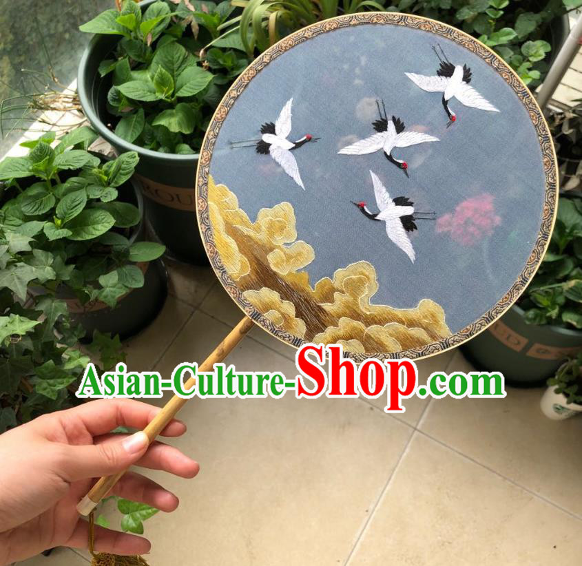 Chinese Classical Blue Silk Palace Fan Ancient Song Dynasty Princess Embroidered Cloud Cranes Fans Accessories