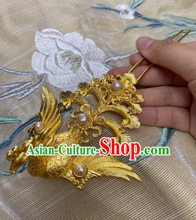 Chinese Ancient Empress Golden Phoenix Hairpins Hair Accessories Handmade Ming Dynasty Court Queen Pearls Hair Stick