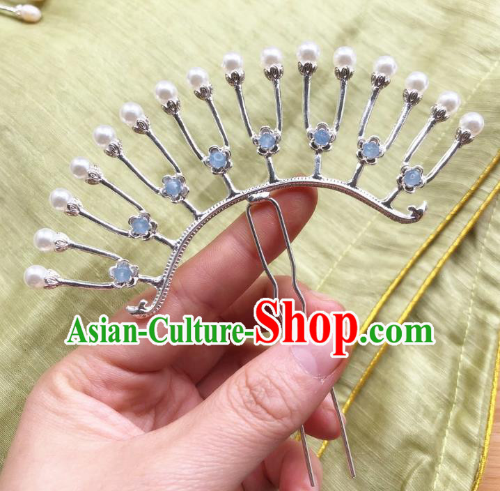 Chinese Ancient Princess Blue Beads Hairpins Hair Accessories Handmade Tang Dynasty Pearls Argent Hair Sticks