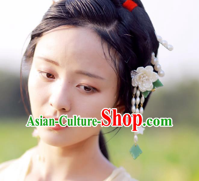 Chinese Ancient Princess White Camellia Hairpins Hair Accessories Handmade Ming Dynasty Shell Pearls Tassel Hair Sticks