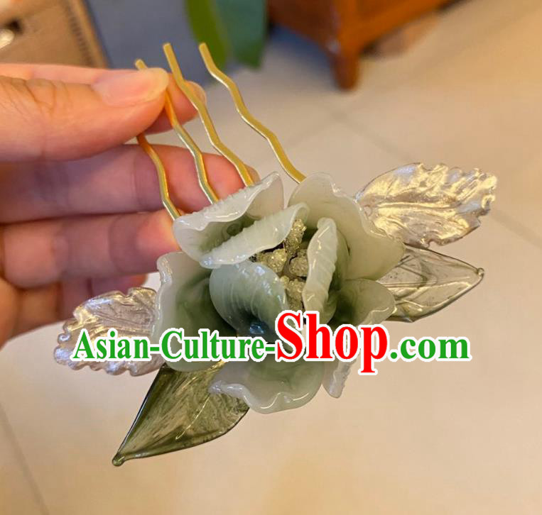 Chinese Ancient Court Lady Flowers Hairpins Hair Accessories Handmade Green Plastic Peony Hair Comb