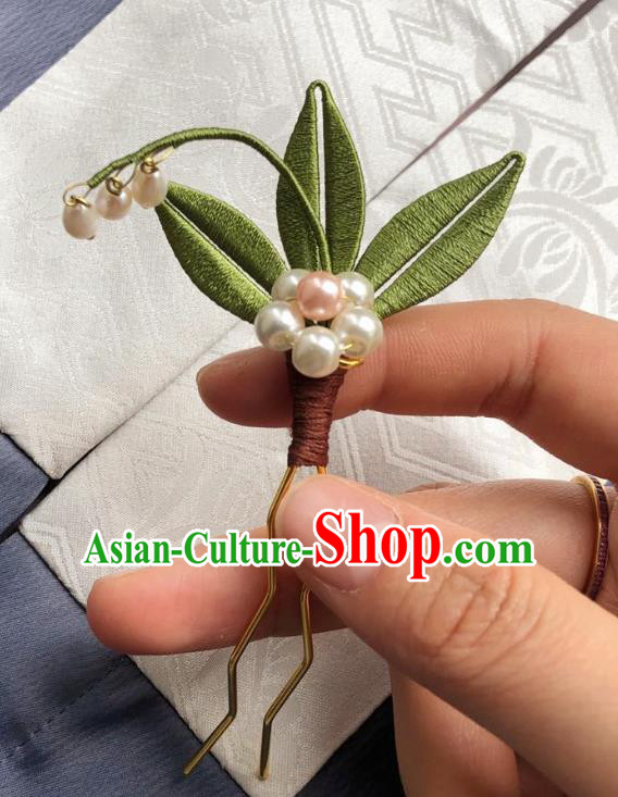 Chinese Ancient Court Lady Pearls Hairpins Hair Accessories Handmade Tang Dynasty Silk Leaf Hair Stick