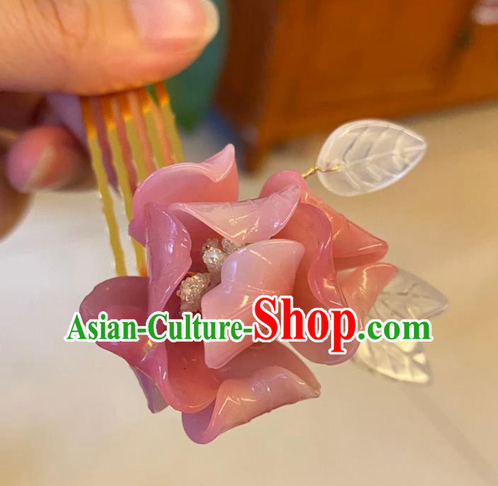 Chinese Ancient Palace Lady Peach Blossom Hairpins Hair Accessories Handmade Pink Plastic Flower Hair Comb