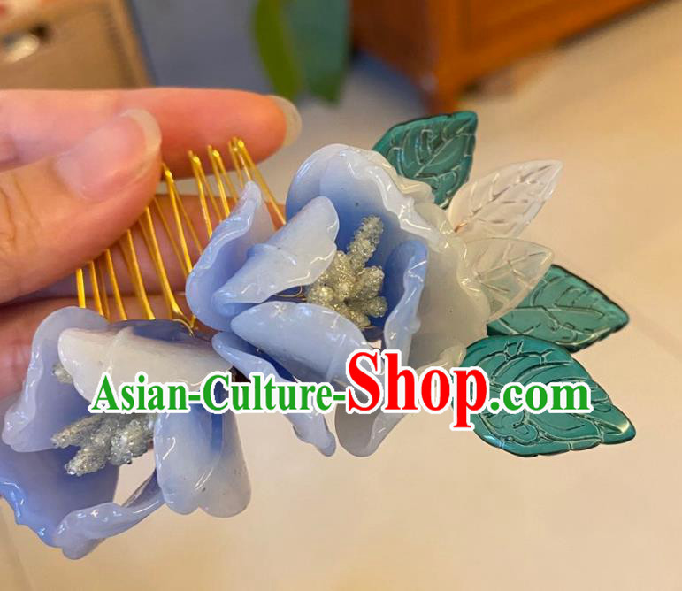 Chinese Ancient Palace Lady Blue Flowers Hairpins Hair Accessories Handmade Plastic Hair Comb
