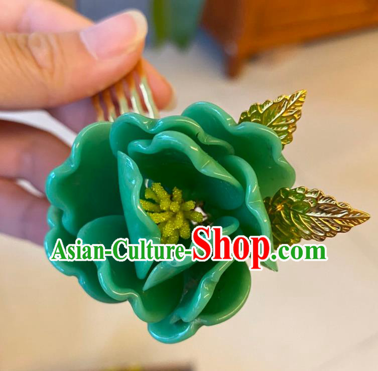 Chinese Ancient Palace Lady Flower Hairpins Hair Accessories Handmade Green Plastic Peony Hair Comb