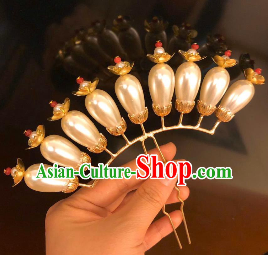 Chinese Ancient Court Empress Pearls Plum Hairpins Hair Accessories Handmade Ming Dynasty Palace Hair Stick