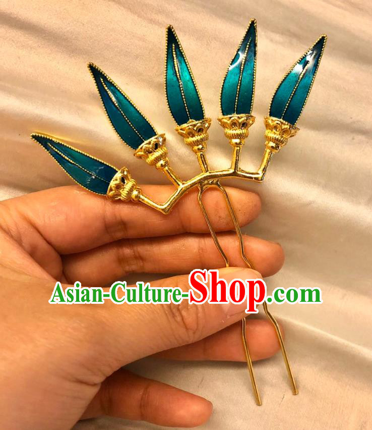 Chinese Ancient Court Empress Blueing Bamboo Leaf Hairpins Hair Accessories Handmade Ming Dynasty Palace Golden Hair Stick