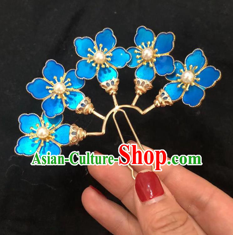 Chinese Ancient Court Empress Blueing Hairpins Hair Accessories Handmade Ming Dynasty Palace Pearls Plum Blossom Hair Stick