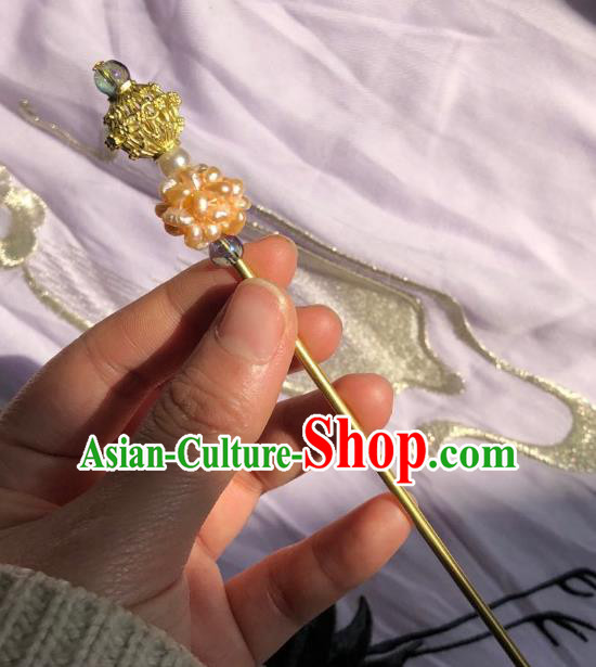 Chinese Ancient Empress Pearls Hairpins Hair Accessories Handmade Ming Dynasty Court Golden Hair Stick