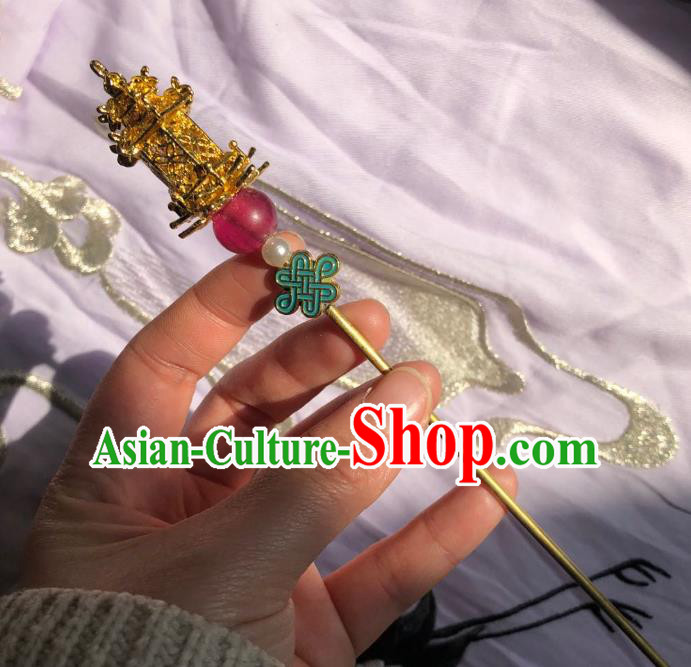 Chinese Ancient Empress Golden Hairpins Hair Accessories Handmade Ming Dynasty Court Blueing Hair Stick