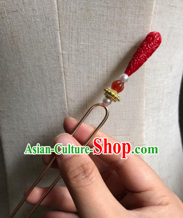 Chinese Ancient Empress Agate Hairpins Hair Accessories Handmade Ming Dynasty Court Red Hair Stick