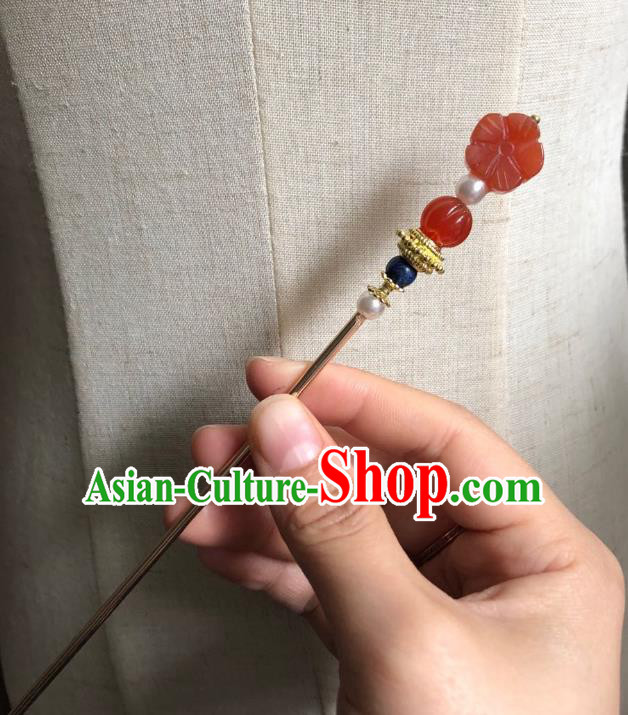 Chinese Ancient Empress Agate Plum Hairpins Hair Accessories Handmade Ming Dynasty Court Golden Hair Stick