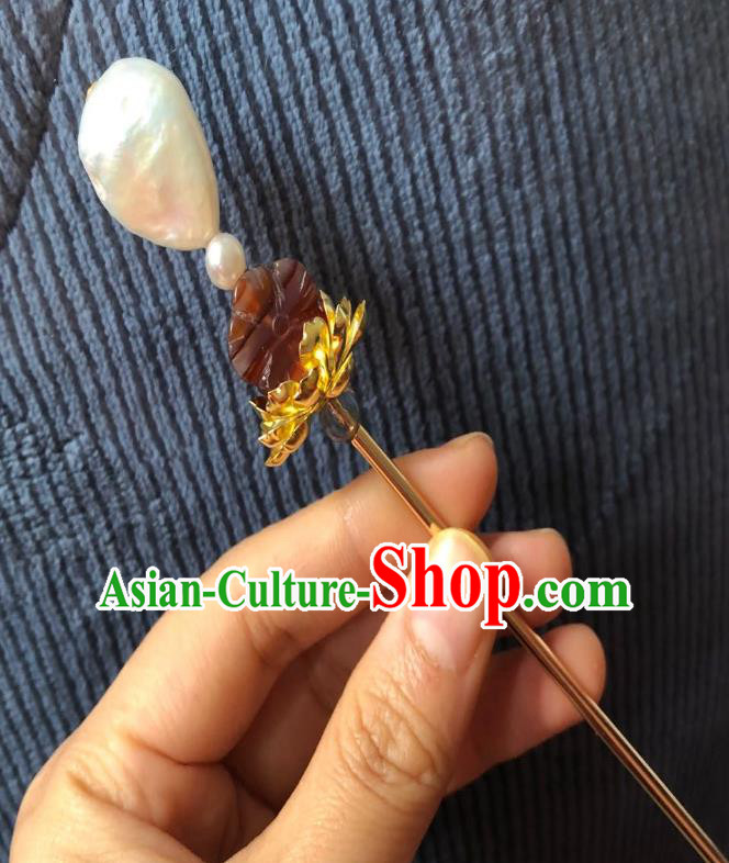 Chinese Ancient Empress Agate Plum Hairpins Hair Accessories Handmade Ming Dynasty Court Pearl Hair Stick