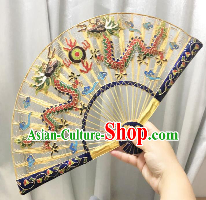 Chinese Classical Cloisonne Red Dragons Folding Fan Ancient Ming Dynasty Princess Brass Fans